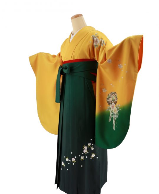 卒業式袴レンタルNo.401[王道古典]黄色×緑グラデ・手毬・桜・藤